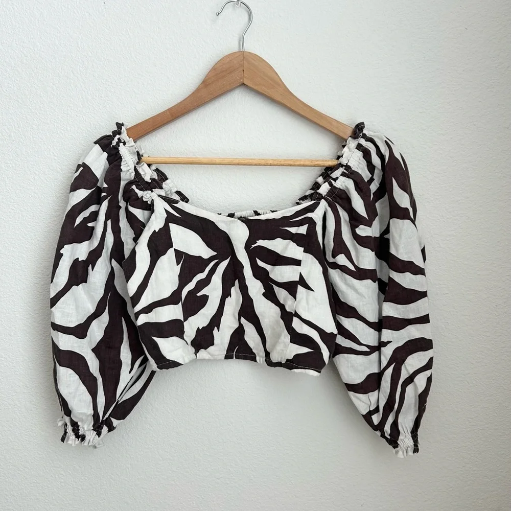 Faithfull The Brand Zebra Print Linen Crop Blouse Size 4